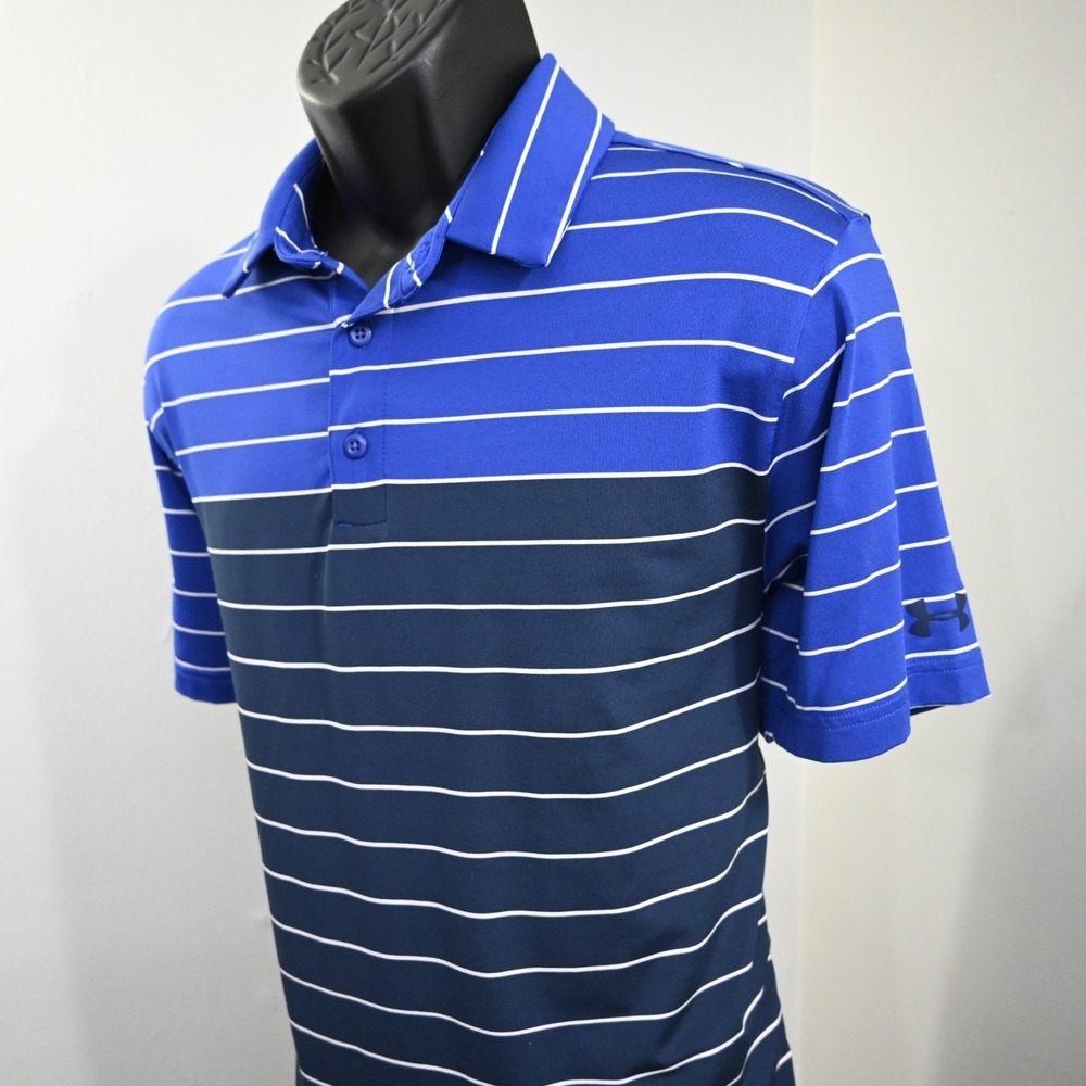 Under Armour Golf Polo Blue Striped HeatGear Loose Short Sleeve‎ Mens Size Large